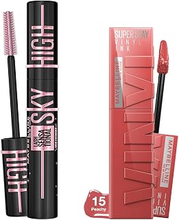 Maybelline New York Lash Sensational Sky High Cosmic Black Maskara + Super Stay Vinyl Ink Uzun Süre Kalıcı Likit Parlak Ruj 15 Peachy