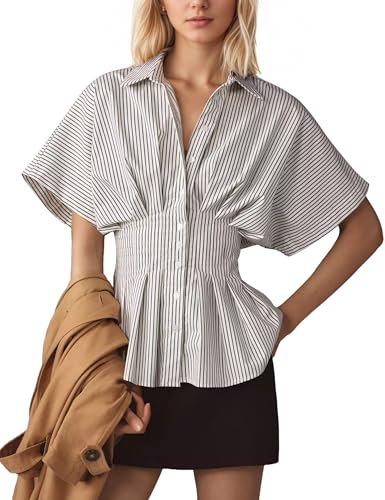 Womens Striped Shirts Button Down Short Sleeve Pleated Peplum Blouses Dressy Casual Lapel Tops Summer Business Shirt