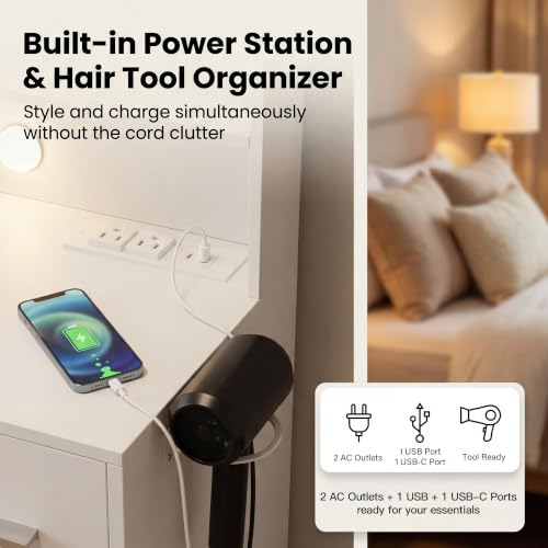 Image of Furmax Vanity Desk with Mirror, LED Lights and Power Outlet Makeup Vanity Table with 7 Drawers and 6 Storage Shelves Dressing Table for Bedroom Dressing Room (Bright White)