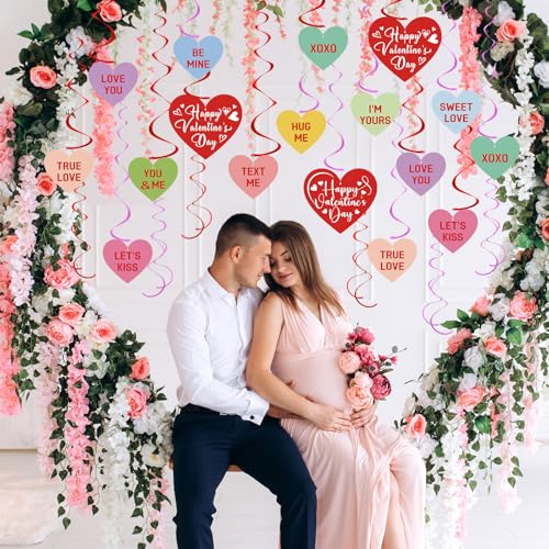 Image of 54Pcs Happy Valentine's Day Hanging Swirls Party Decorations Conversation Hearts Candy Hanging Swirls Banner Garland for Anniversary Valentines Day Home Office Classroom Decorations