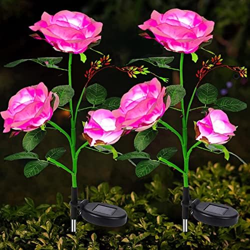 eaaerr Solar Lights Outdoor Garden 2 Pack Solar Garden Lights with 6 Bigger Pink Rose Flower, Garden Lights Solar Powered Waterproof for Mothers Day Gifts,Pathway,Yard,Wedding,Party (Pink)