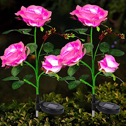 EAAERR - Paquete de 2 luces solares de jardín con 6 flores de rosa rosa más grandes, luces de jardín alimentadas por energía solar impermeables para camino, patio, boda, fiesta (rosa)