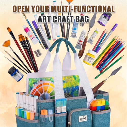 Image of JJRING Foldable Craft Organizer Tote With Zipper & Divider, Green | Portable Art Storage Caddy Bag For Scrapbooking, Sewing, Artist & Home