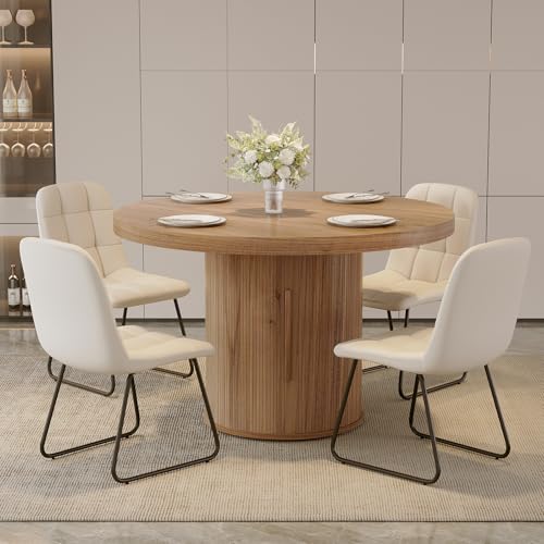 Image of 5-Piece Dining Set for Small Spaces 43.3 inch Round Table & 4 PU Leather Chairs, Modern Farmhouse with Storage Shelf, Apartment Kitchen Easy Assembly (Walnut Color Round Table + 4 U-Shaped White Chairs)