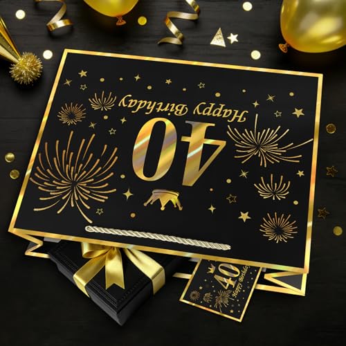 Image of JMANNI Black Gold 40th Birthday Gift Bag with Card and Tissue Paper, 12.6 inchx9.84 inchx3.9 inch Elegant Present Bag for Adults, 40 Year Old Birthday Keepsake Party Supplies