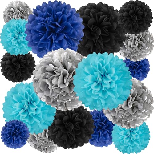 Image of 20 PCS Tissue Paper Pom Poms, Tissue Pom Poms Flowers, Sizes of 6 inch, 10 inch, 12 inch, 14 inch Hanging Paper Flower Ball for Wedding, Birthday, Graduation, Baby Shower Party Decor (Black Silver Blue)