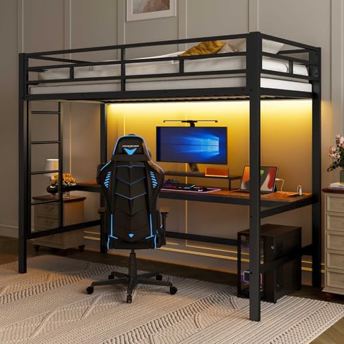 YEHTOKHOME Lit loft Moderne 90x200cm avec lumière d'ambiance télécommandée et Bureau,Simple en métal lit avec USB et Prise,Multifonctionnel lit avec escalier(sans...
