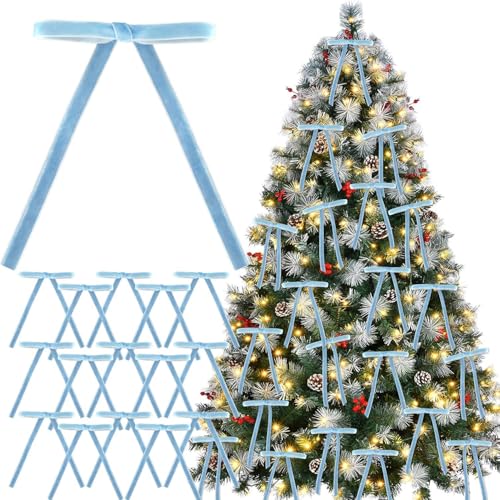30 Pcs Blue Velvet Christmas Tree Bows for Christmas Tree Decorations Blue Velvet Ribbon Bows Vintage Christmas Decor Ornaments for Christmas Tree Wreaths Garland Gift Wrapping Fireplace