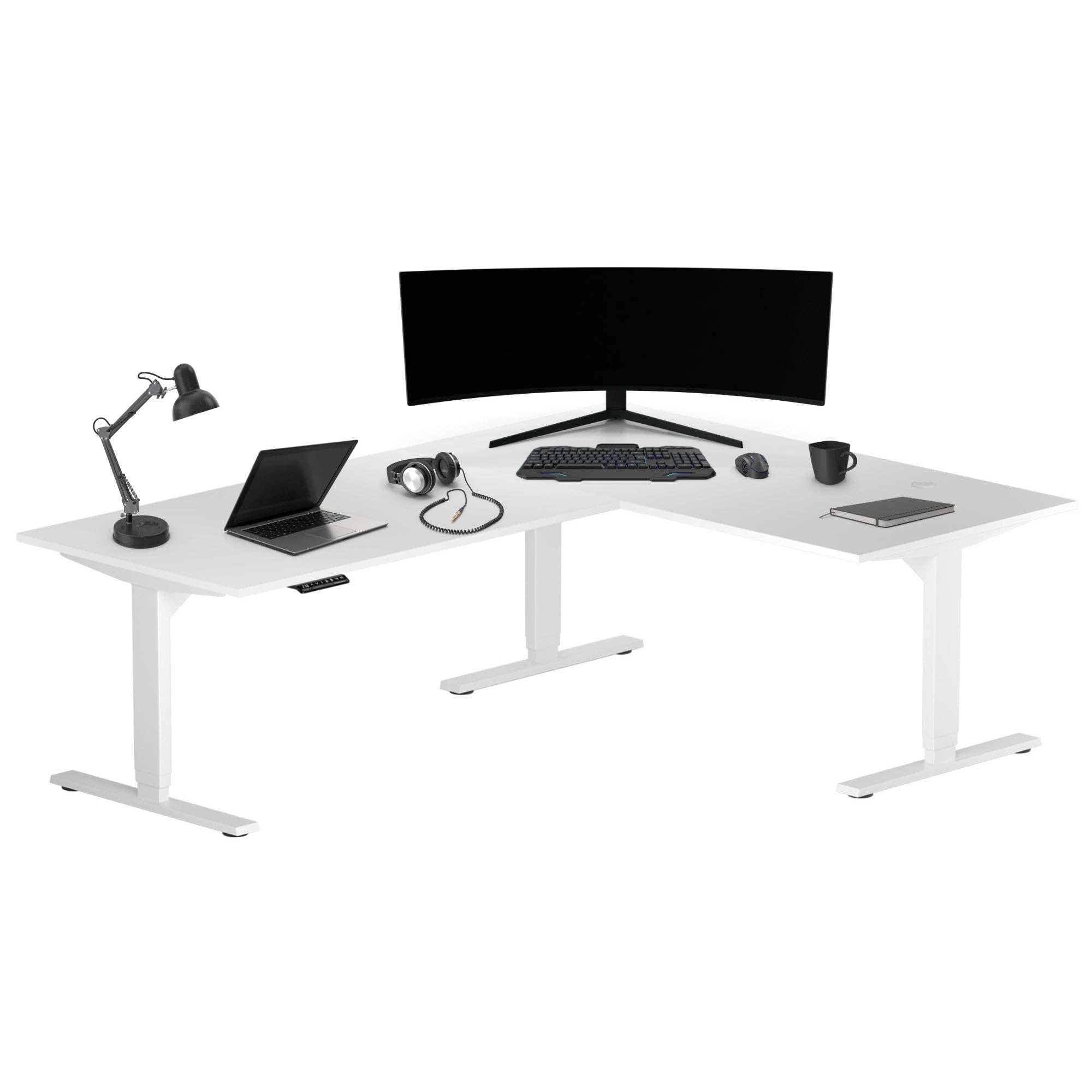 Progressive Desk Electric Stand Up Height Adjustable Standing Desk - L Shaped 78" x 60" Corner Table Computer Rising Workstation - White Frame, Warm