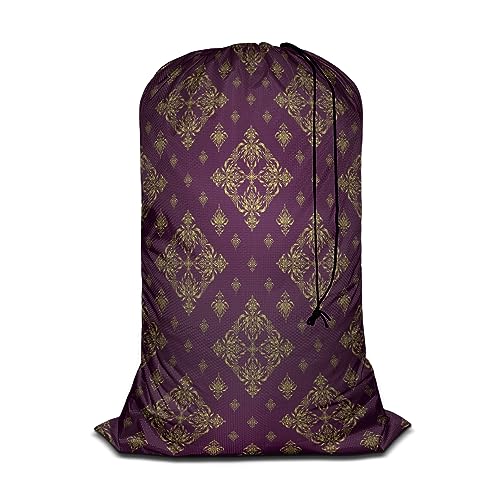 Swono Geometric Pattern Laundry Bag Dirty Clothes Organizer Golden Purple Ethnic Drawn Extra Large Heavy Duty for Camp College Dorm Room Essentials for Men Women