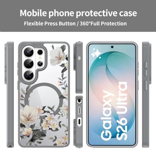 Image of VONZEE Compatible with Samsung Galaxy S26 Ultra 5G Case Luxury Retro Flowers Floral Clear for Magnetic Wireless Charging Case Shockproof PC+TPU Cute Glossy Shiny Cover for Girls Women, Grey