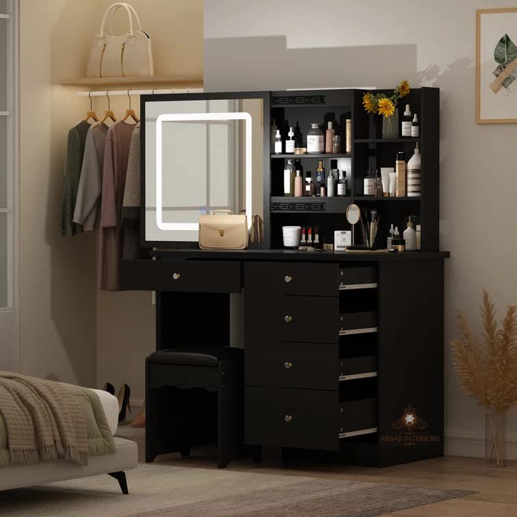 ABBAJI INTERIORS Engineered Wood Dressing Table/Mirror with Drawer, Storage Shelves (Dark Brown)- with Elegant Frame- Length 36inch,Width 18inch,Height 54inch-image-40