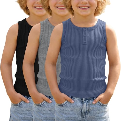 LessonZoo 3 Pack Boys' Tank Tops Ribbed Henley Sleeveless Shirts Casual Basic Tees Kids Undershirts Summer Clothes(Black, Light Mixed Gray, Haze Blue,9-10 Years)