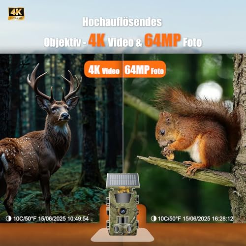 Splixora Wildkamera WLAN mit Handyübertragung App,Wildtierkamera mit Nachtsicht Bewegungsmelder,4K 60MP, Solar Eingebaute Lithiumbatterie 5200mAh,64GB SD Karte,0,1S Auslöser, IP66 Wasserdicht