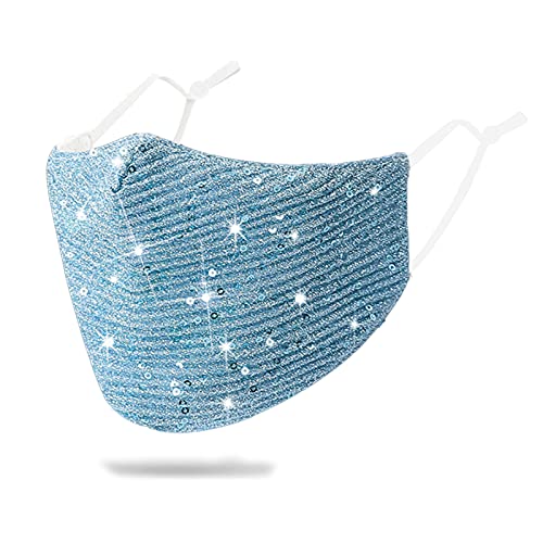 Sparkly Sequins Mouth Masc Fashion Designer Glitter Cotton Face Cover With Adjustable Ear Loops Reusable Masquerade Party Nightclub Rave Festival Sequins Face Covering (Light Blue)