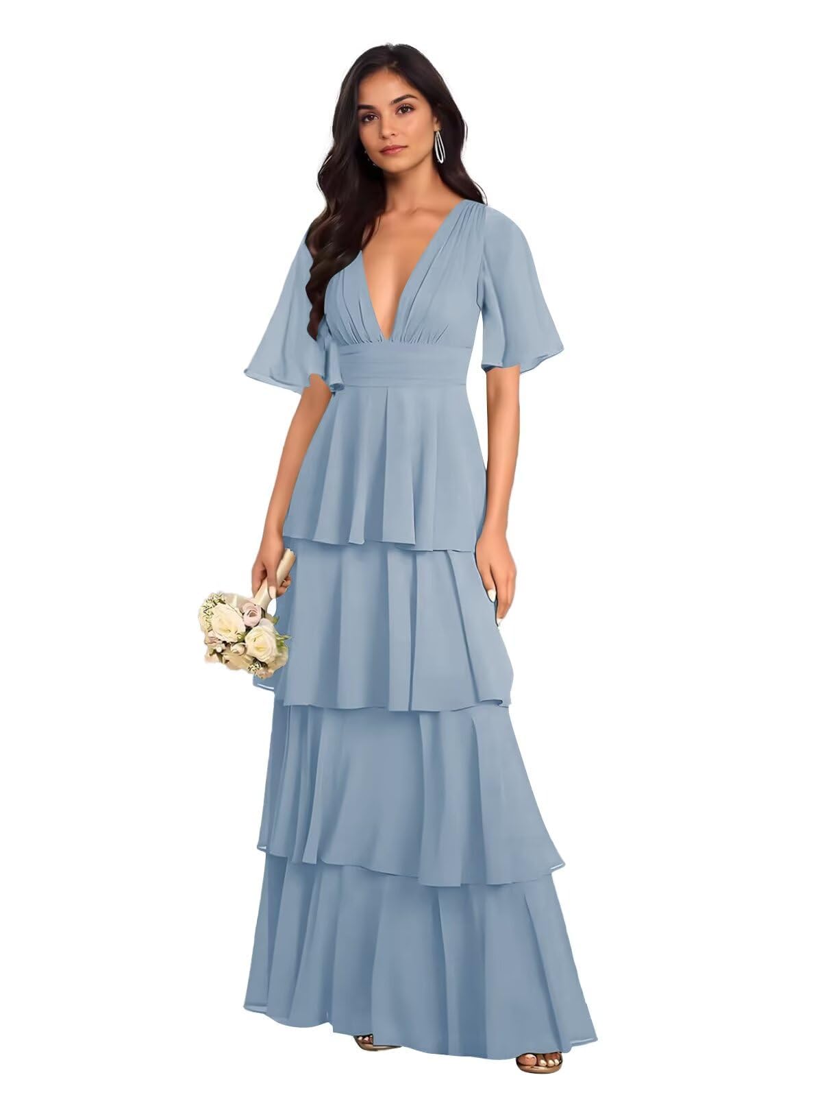 Flügelärmel Chiffon Abendkleider Elegant für Hochzeit,V-Ausschnitt Gestufte Brautjungfernkleider Lang für Damen Stufige Rüschen Festliche Kleider für Hochzeitsgäste