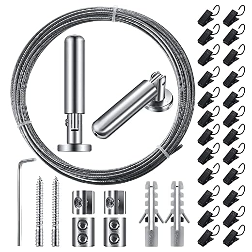 196 Inch/ 5 m Wire Curtain Rod Room Divider Wire Curtain Hanging System with 24 Clips Adjustable Curtain Drape Wire Rod Set for Tapestry Photo Picture Kids Craft Art Display Wall Window Decor