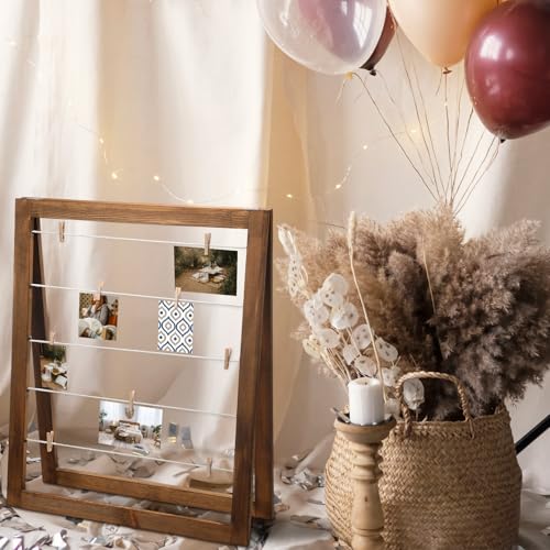 Sintuff Photo Display Board with Clips Farmhouse Picture Collage Board Picture Frame Clothesline Photo Display Stand Decor for Wedding Baby Shower Grad Postcard(Flat Edge,Walnut Wood,29 × 24 Inches) by Sintuff - Image 5