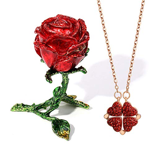 BoîTe à Bagues Fleur Rose,TrèFle à Quatre Feuilles Collier,magnétiques Collier trèfle Coeurs Chanceux,4-en-1 Portant Pendentif Amour Coeur Diamant 2 côtés pour Femmes,Saint-Valentin A2 Cover