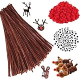 300PCS Pfeifenreiniger Pluesch Bunte,Pompons und Selbstklebend Wackelaugen,Pfeifenreiniger Set,Pfeifenreiniger und Pompons,Bastelzubehör Kinder,Rote Pom Poms,Weihnachten Handgemacht