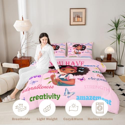 Image of Erosebridal Black Girls Magical Bedding Set Butterflies Inspirational Quotes King Comforter Set African American Comforter Afro Black Princess Girl Duvet Insert for Nursery Kids Pink Room Decor