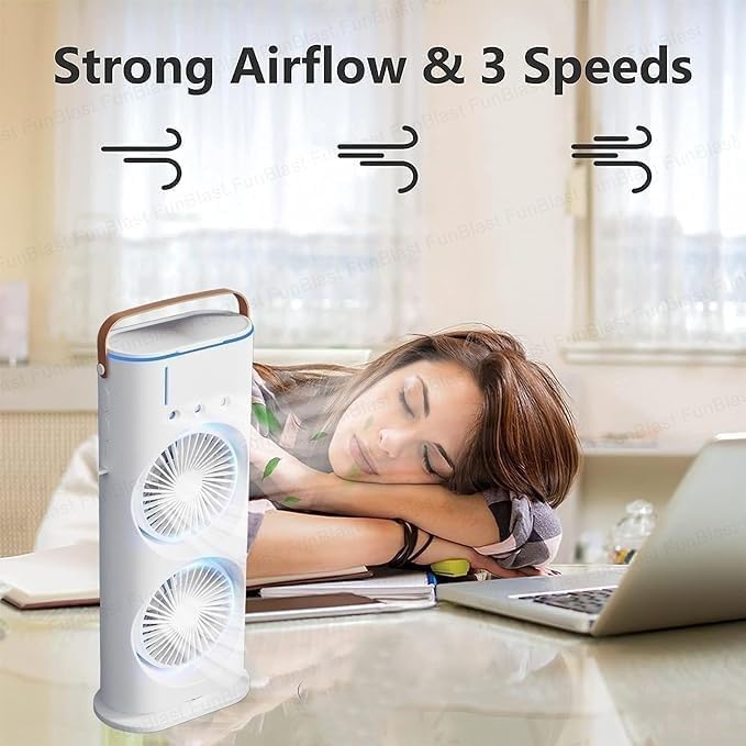 Image of Drumstone (𝐒𝐩𝐞𝐜𝐢𝐚𝐥 𝟏𝟓 𝐘𝐞𝐚𝐫𝐬 𝐖𝐚𝐫𝐫𝐚𝐧𝐭𝐲) USB Rechargeable 4000mAh Spray Fan | Cold Air Mini Cooler with LED Light, Touch & Remote Control, 280ml Water Tank, Ice Mist, Portable
