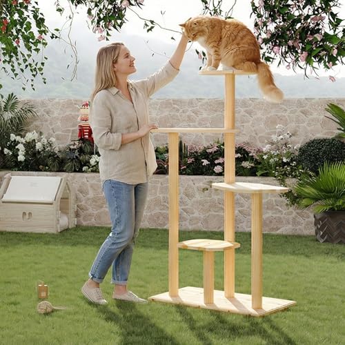 Outdoor Cat Tree 60 Tall Cat Tower Weatherproof for Patio Balcony Garden Durable 4-Tier Natural Wood w/Scratching Posts for Multiple Cats Outside&Indoor Adult Cats and Kittens Play Climbing