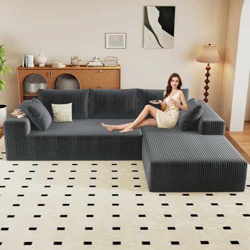 Image of 96 inch Modular Sectional Couch, Boneless L Shaped Cloud Sofa with Chaise Lounge, Corduroy Upholstered Couches Memory Foam Deep Seat, No Assembly Required, Ideal for Living Room(Dark Gray, Right Facing)