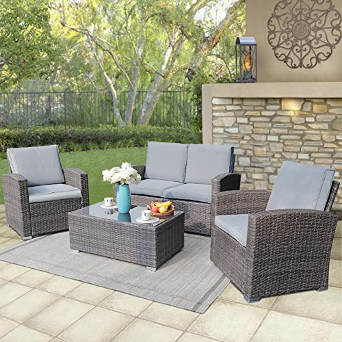 JOIVI Patio Furniture Set, 4 Piece Outdoor Patio Conversation Set, All-Weather PE Rattan Wicker Sectional Patio Sofa Set with Tempered Glass Coffee Table, Light Gray