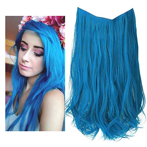 Blue Colored Hair Extension Hairpiece Highlight Party Streak No Clip in Long 18" Wave Halo Flip in Natural Synthetic Hair Pieces For Women Hidden Wire Crown Headband Heat Friendly Fiber (M01# blue)