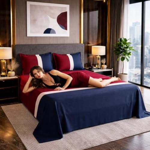 Image of SANMARINO Premium Cotton Double Bedsheet with 2 Pillow Covers, Soft & Breathable, Modern Geometric Color Block Design, All-Season Comfortable Bedding Set - 228 x 254 cm (Vintage Burgundy Blue)