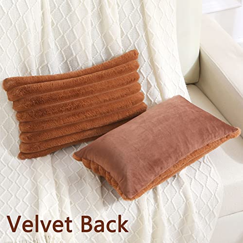 FUTEI Brown Striped Decorative Throw Pillow Covers 12x20 Inch Set of 2,Rectangle Winter Decorations Couch Lumbar Pillowcase,Soft Cozy Faux Rabbit Fur & Velvet Back,Modern Home Decor for Bed