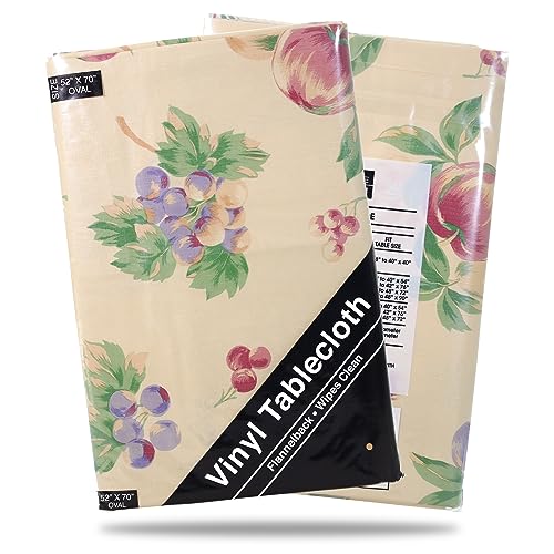 BRODER MFG. INC. - Oval Table Cloth with Apple Delicious Design, Flannel-Backed Table Cover, Waterproof Alternative to Lace Tablecloth, Vinyl Plastic Table Cover for 4-6-Seater Table, 52 x 70 inches