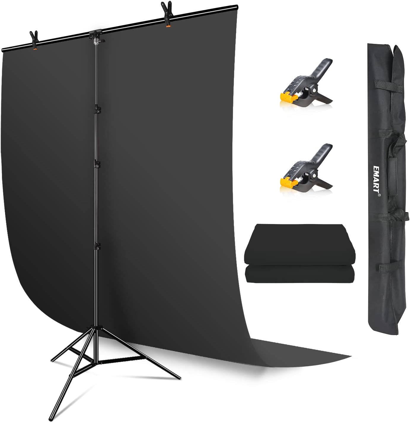 Black Backdrop with Stand, 1.5 x 2m(5x7ft) Blackscreen with 1.5x 2.6m(5x 8.5ft) T-Shaped Background Support Kit for Photoshoot Portraits Party Video Studio Fliming