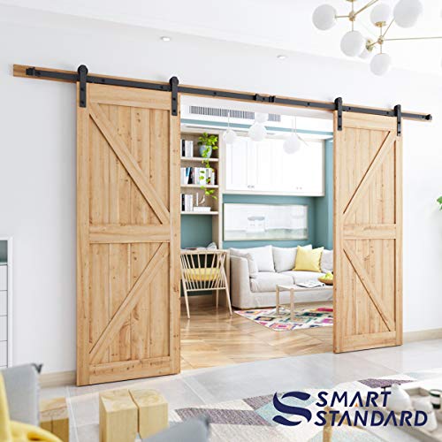 Smartstandard 12Ft Heavy Duty Double Door Sliding Barn Door Hardware Kit,Smoothly And Quietly-Easy To Install-Includes Step-By-Step Installation Instruction Fit 36" Wide Door Panel #TOP1