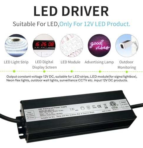 Image of LED Driver 300W 12V DC ETL Listed 100-277V AC to 12V DC Low Voltage Output Transformer Adapter, Constant Voltage Power Supply for LED-Strips Lights, Low Voltage Computer Surveillance Camera CCTV