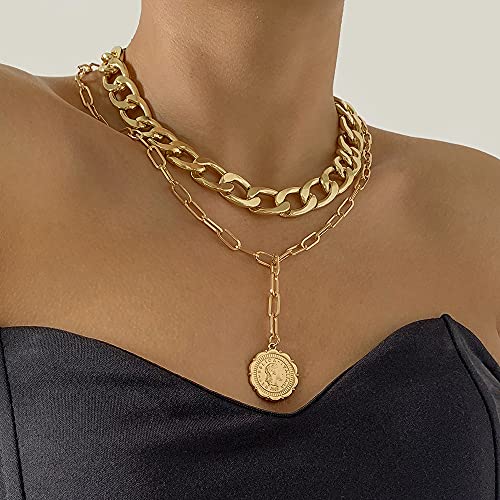 JWICOS Gold Boho Cuban Chunky Necklace Layered Dainty Paperclip with Coin Pendant Choker Chain for Women (Gold)3