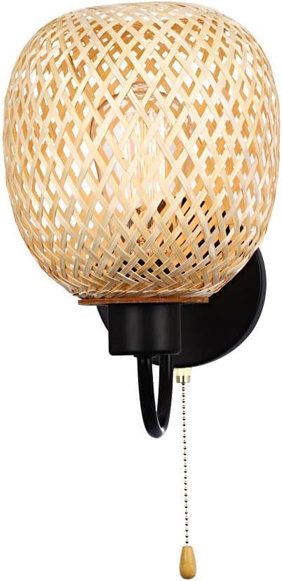 Aplique de pared de bambú vintage de ratán bohemio con cordón de tracción de mimbre tejido a mano lámpara de granja E26 E27 base para sala de estar,