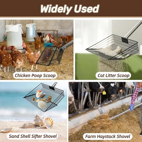 Image of Chicken Poop Scooper,10-inch 37 to 63 inch Long Chicken Coop Scoop with Stainless Steel Handle, Chicken Coop Cleaning Rake for Poop Sand, Large Hen Litter Sifter Shovel