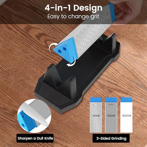 Image of Diamond Sharpening Stone Kit, 3 Side Grit 400 /1000 /8000 Knife Sharpener for Sharp Blade, Premium Diamond & Ceramic Whetstone with Angle Guide, Non-Slip Base & Leather Strop
