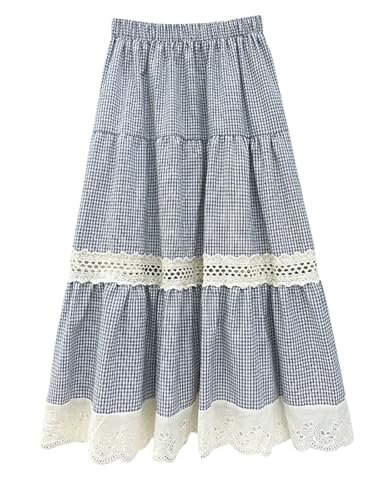 ebossy Women's Embroidered Eyelet Plaid Skirt Elastic Waist Ruffled Flowy Tiered Midi Long Gingham Skirt