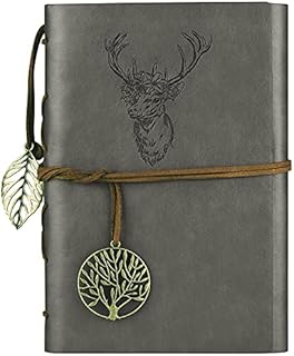 Leather Journal, Leather Notebook Refillable Vintage Diary Travel Spiral Bound Journal Lined Paper, Embossed Deer and Retro Pendants for Men and Women A6 (Gray)