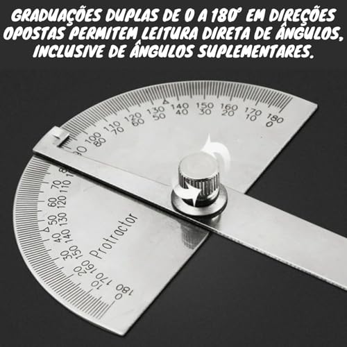 Transferidor De Grau 180º Meia Lua Aço Inox Com Regua Escala 145mm