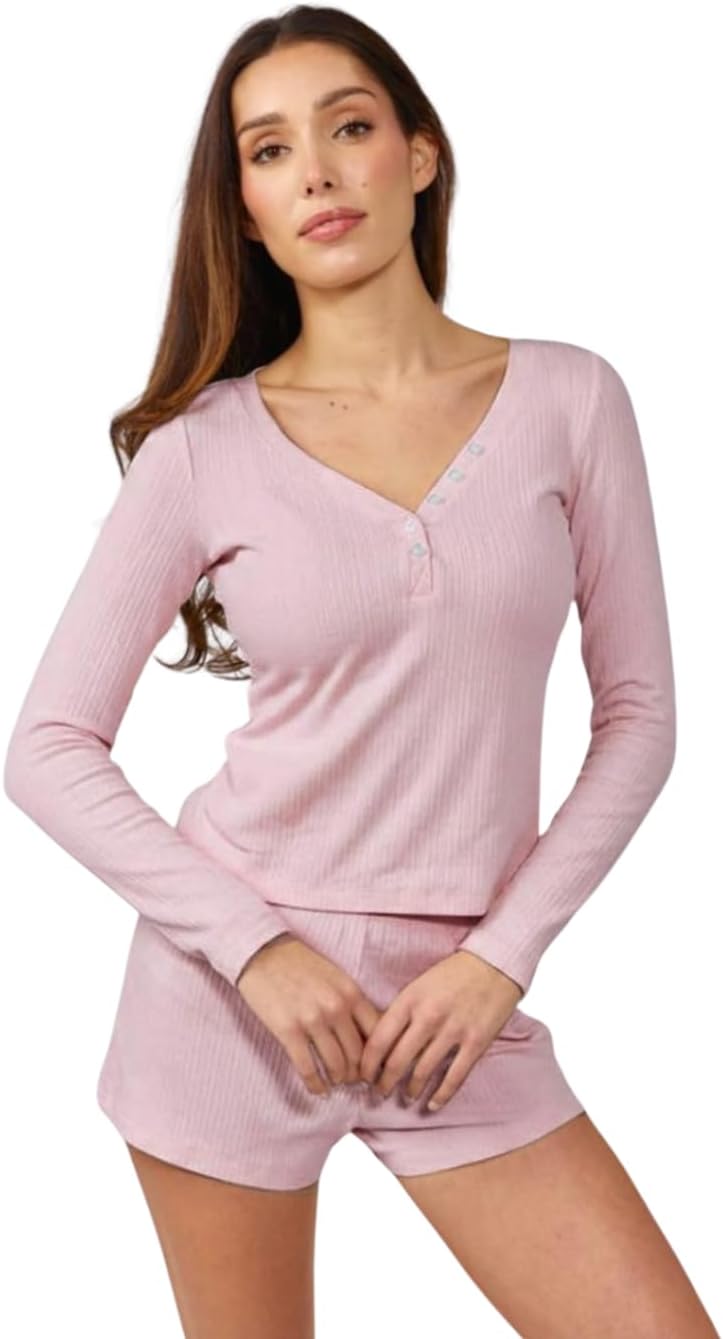 Almere Pointelle Pajama Set for Women, Long Sleeve and Shorts, Soft Sleepwear, Matching Nightwear