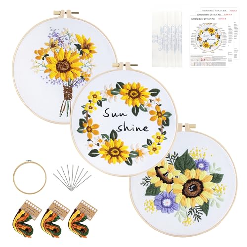 Image of KEKEMEOW 3 Sets Embroidery Kit for Beginners, Stitches with Sunflower Patterns, DIY Cross Stitch Kits for Adults, Needlepoint Hand Embroidery Kit with Stamped Pattern、Instruction、Hoop