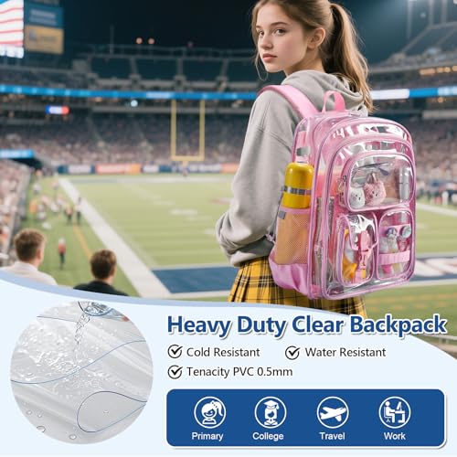 Image of Pink Clear Backpack for School,Heavy Duty PVC Transparent Bookbag for Stadium Events Sports, Girls See Through BackPack Fits 15.6 inch Laptop for Women Work Travel