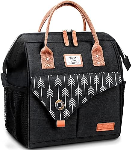 Lekesky Insulated Lunch Bag for Women Leakproof Wide Open Lunch Box Reusable Lunch Cooler Bag for Adults Work, Black