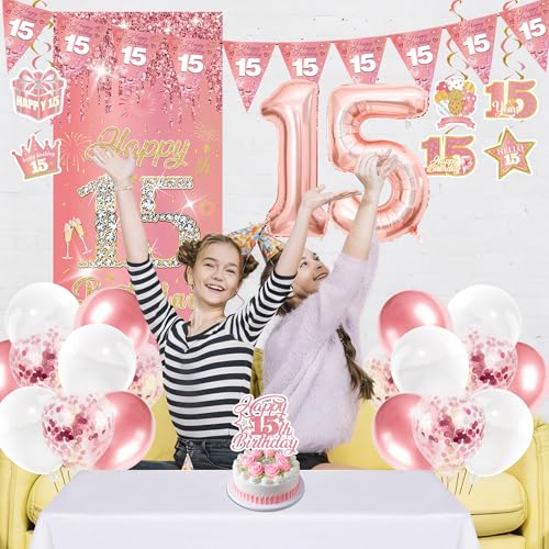 15 Geburtstag MäDchen Deko Set - 29 StüCk Rosegold Glitzer Happy Birthday Geburtstagsdeko Wimpel Tortendeko Mit HintergrüNde Zahl Luftballon Wirbel FüR 15 Jahr Geburtstagsfeier Party Dekoration