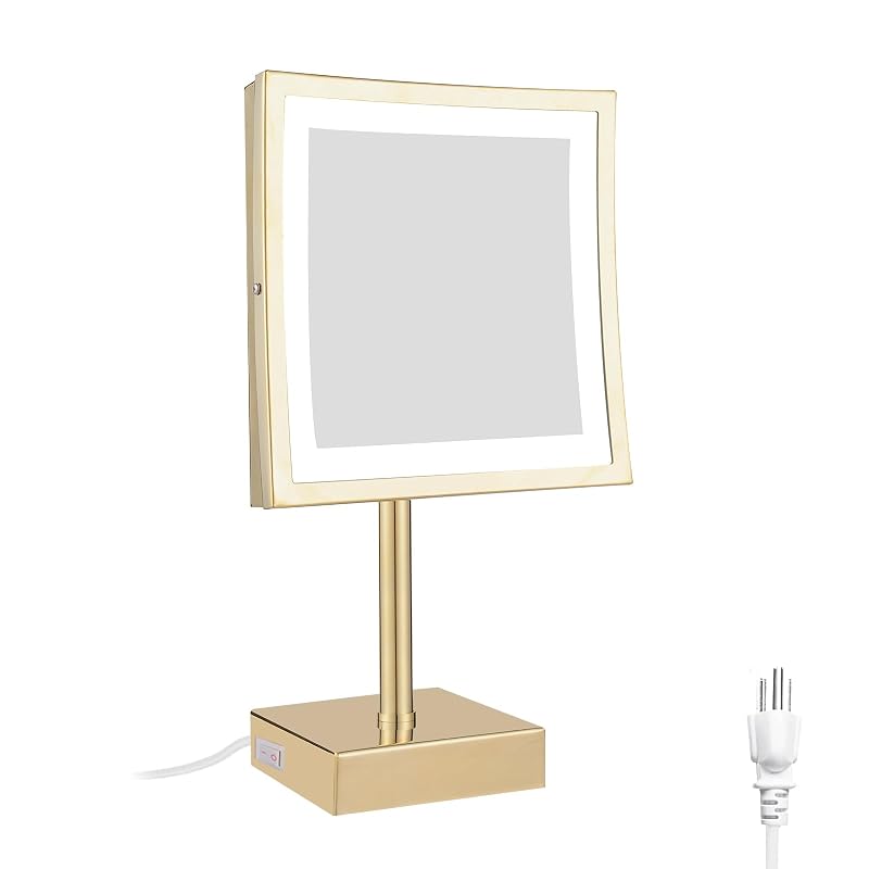 Espelho de maquiagem de mesa DOWRY com iluminação LED, ampliação 5X, formato quadrado, acabamento dourado polido e plugue