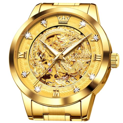 Image of OLEVS Dragon Skeleton Mens Automatic Watch 42MM Large Dial Gold Luxury Self-Winding Diamond Waterproof Stainless Steel Business Tourbillon Mechanical Watches